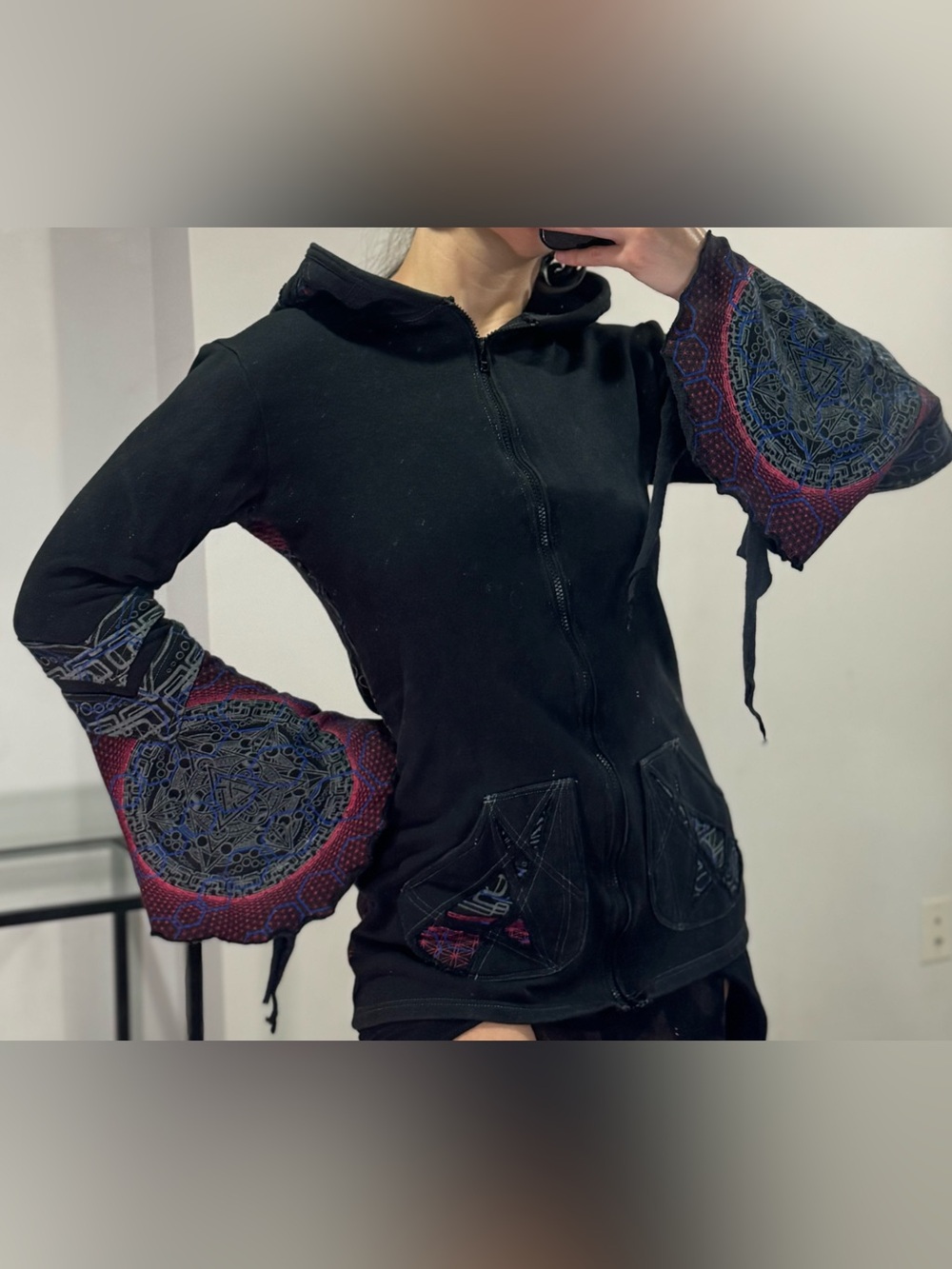 4th Dimension Black Hoodie Jacket with Colorful Mandala Sleeve Accents